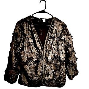 Chico black evening jacket, hook to close, lacy mesh w/satiny flower petals